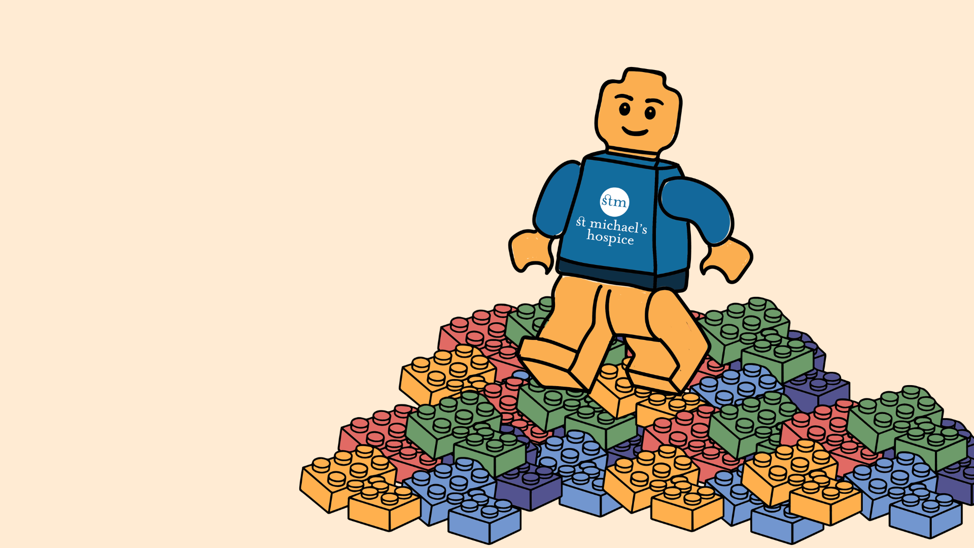 Lego person walking across lego bricks.