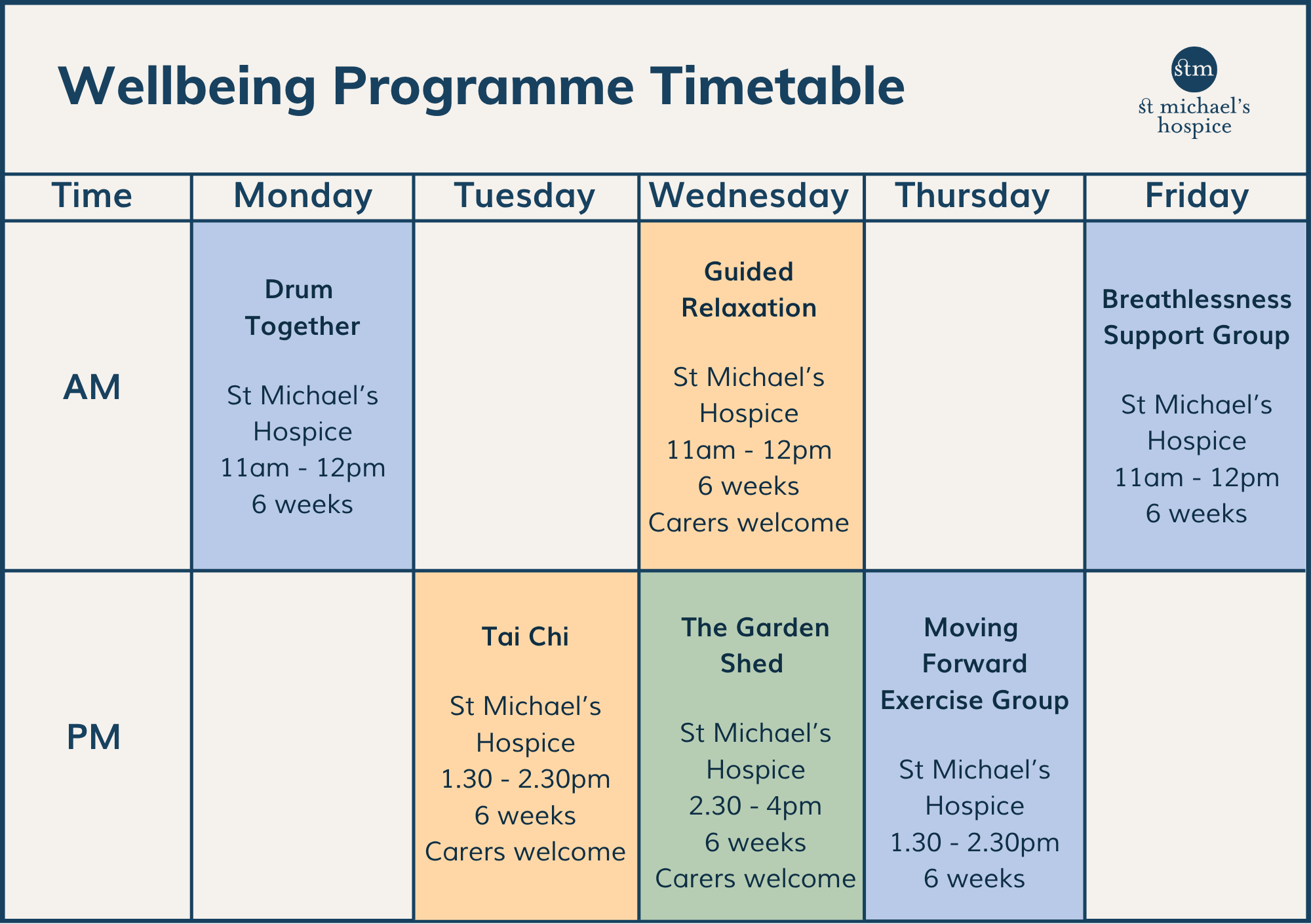 Wellbeing timetable. Monday morning, Drum Together. Tuesday afternoon Tai Chi, Wednesday morning Guided Relaxation, Wednesday afternoon The Garden Shed, Thursday afternoon Moving Forward Excercise Group, Friday morning Breathlessness Support Group